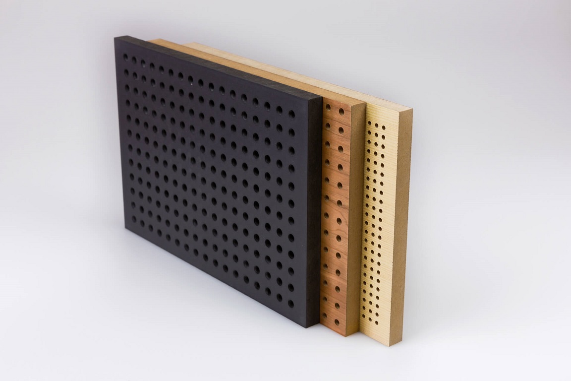 Engineered wood panels in a variety of perforation styles and colors